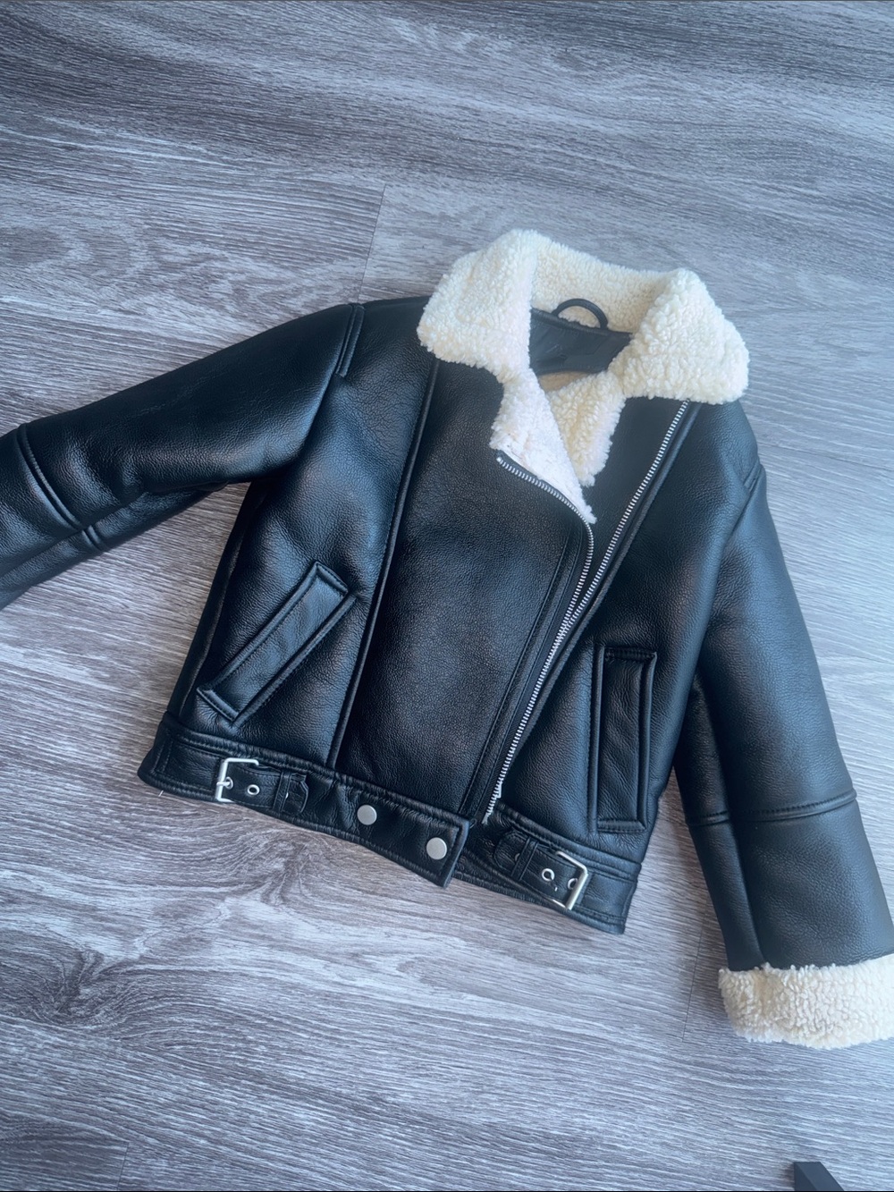 Kids Zara Black Faux Leather Aviator Jacket with Cream Sherpa Lining